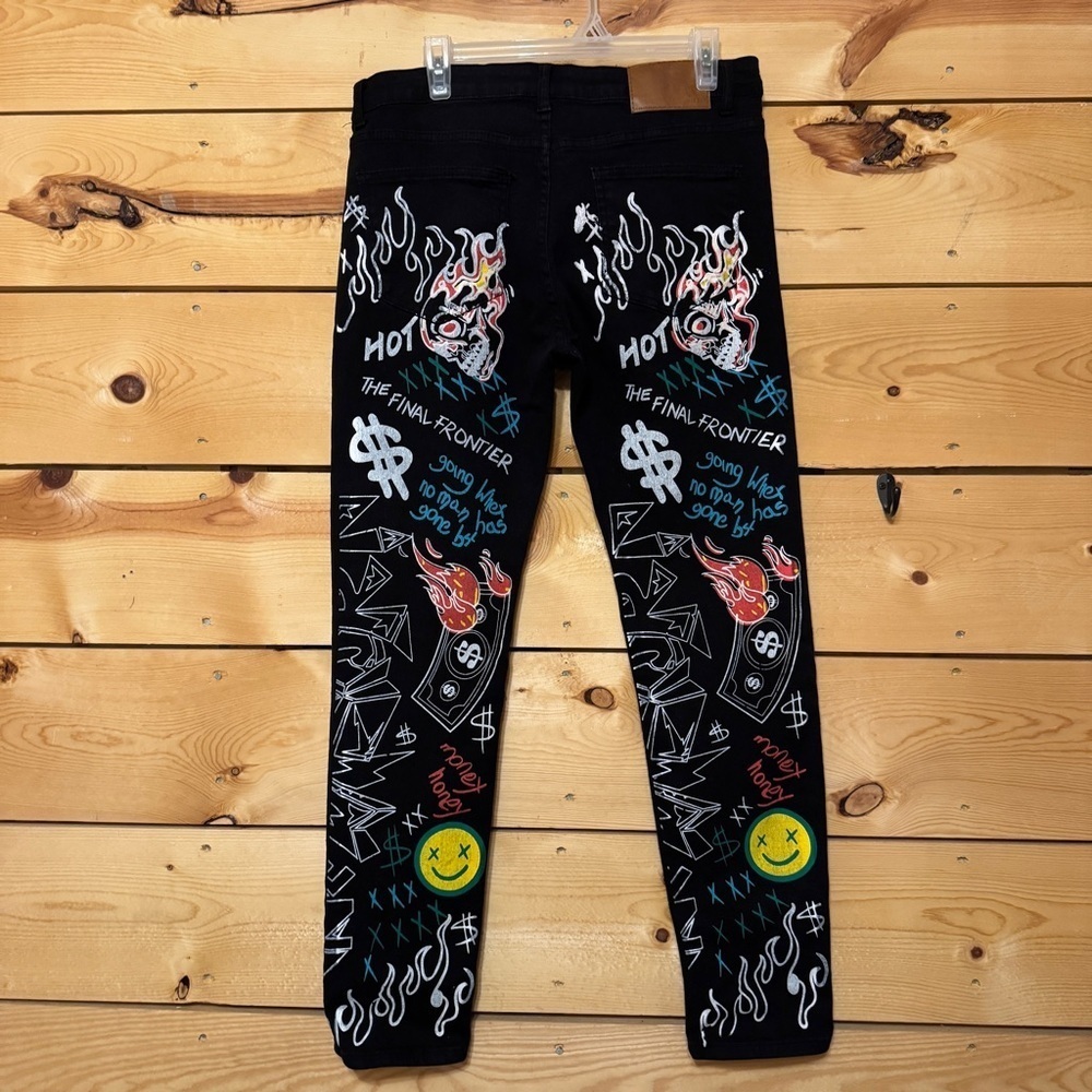 Waimea Men’s Black StretchSkinny Fit Graffiti Jeans 34x30 Pants - Picture 3 of 11